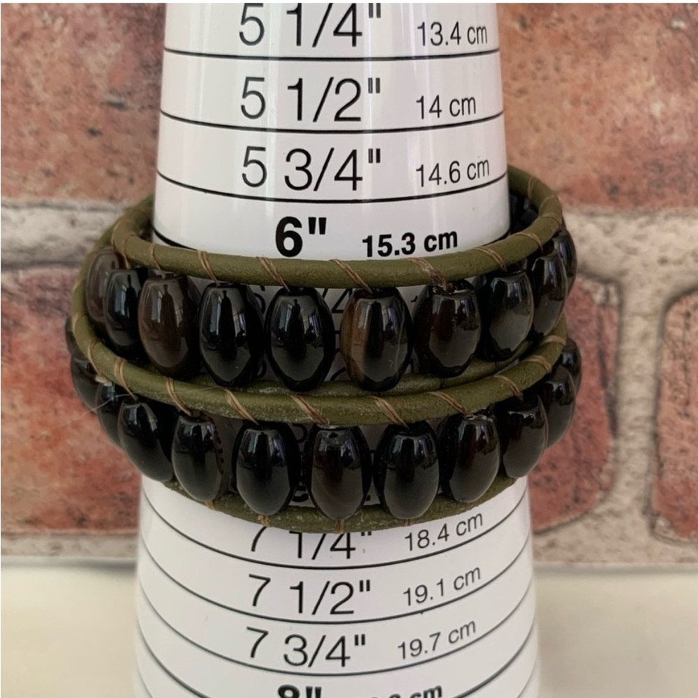 Hand made Agate stone leather wrap Brown and green Beaded Bracelet - Picture 6 of 13